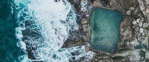 Preview wallpaper sea, coast, aerial view, stones, rocks, waves, pool