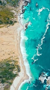 Preview wallpaper sea, coast, aerial view, beach, sand, waves