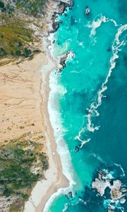 Preview wallpaper sea, coast, aerial view, beach, sand, waves