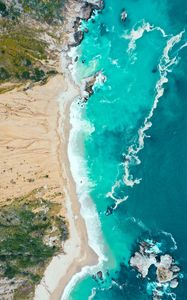 Preview wallpaper sea, coast, aerial view, beach, sand, waves