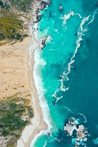 Preview wallpaper sea, coast, aerial view, beach, sand, waves