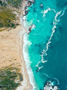 Preview wallpaper sea, coast, aerial view, beach, sand, waves