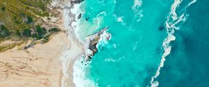 Preview wallpaper sea, coast, aerial view, beach, sand, waves
