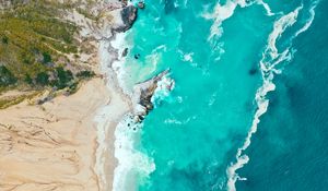 Preview wallpaper sea, coast, aerial view, beach, sand, waves