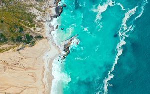 Preview wallpaper sea, coast, aerial view, beach, sand, waves
