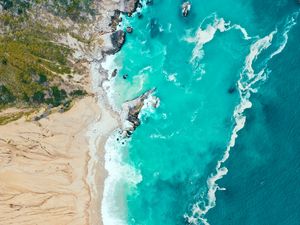 Preview wallpaper sea, coast, aerial view, beach, sand, waves