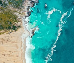 Preview wallpaper sea, coast, aerial view, beach, sand, waves