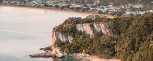 Preview wallpaper sea, coast, aerial view, rocks, trees