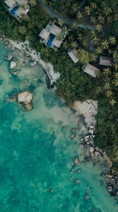 Preview wallpaper sea, coast, aerial view, buildings, trees