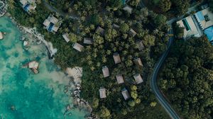 Preview wallpaper sea, coast, aerial view, buildings, trees
