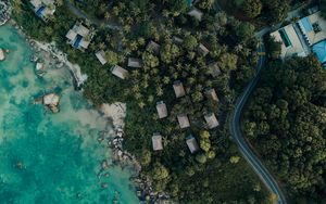 Preview wallpaper sea, coast, aerial view, buildings, trees