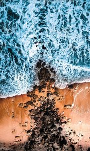 Preview wallpaper sea, coast, aerial view, waves, stones, sand