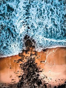 Preview wallpaper sea, coast, aerial view, waves, stones, sand