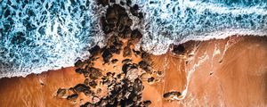 Preview wallpaper sea, coast, aerial view, waves, stones, sand