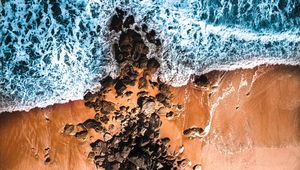 Preview wallpaper sea, coast, aerial view, waves, stones, sand