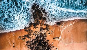 Preview wallpaper sea, coast, aerial view, waves, stones, sand