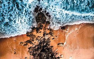 Preview wallpaper sea, coast, aerial view, waves, stones, sand