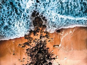 Preview wallpaper sea, coast, aerial view, waves, stones, sand