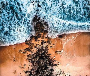 Preview wallpaper sea, coast, aerial view, waves, stones, sand