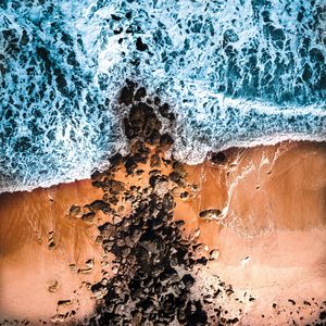 Preview wallpaper sea, coast, aerial view, waves, stones, sand