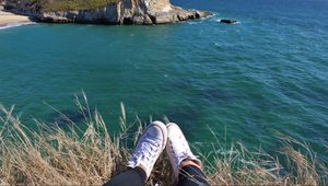 Preview wallpaper sea, coast, feet, view, landscape