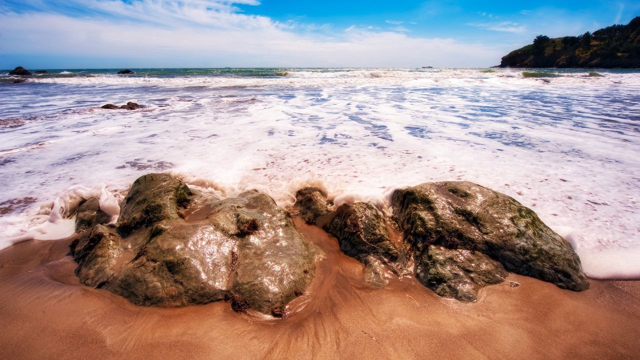 Wallpaper sea, coast, foam, rocks, sand