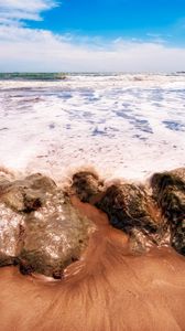 Preview wallpaper sea, coast, foam, rocks, sand