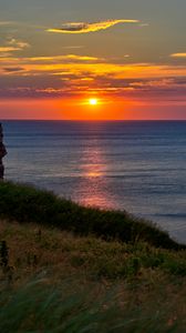 Preview wallpaper sea, coast, grass, sunset