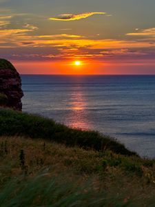 Preview wallpaper sea, coast, grass, sunset
