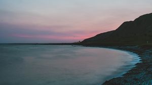 Preview wallpaper sea, coast, hills, dusk, landscape