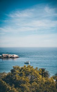 Preview wallpaper sea, coast, horizon, trees, yacht, stones