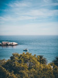 Preview wallpaper sea, coast, horizon, trees, yacht, stones