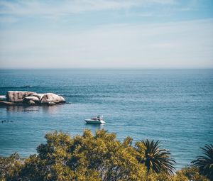 Preview wallpaper sea, coast, horizon, trees, yacht, stones