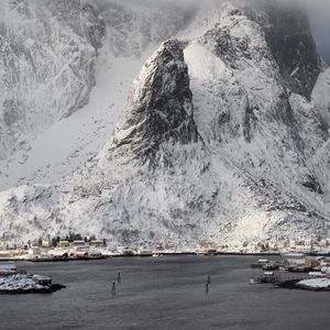 Preview wallpaper sea, coast, mountains, rocks, snow