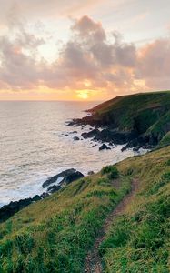 Preview wallpaper sea, coast, path, sunset, landscape