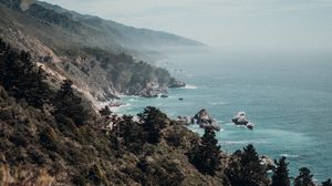 Preview wallpaper sea, coast, rocks, fog, landscape