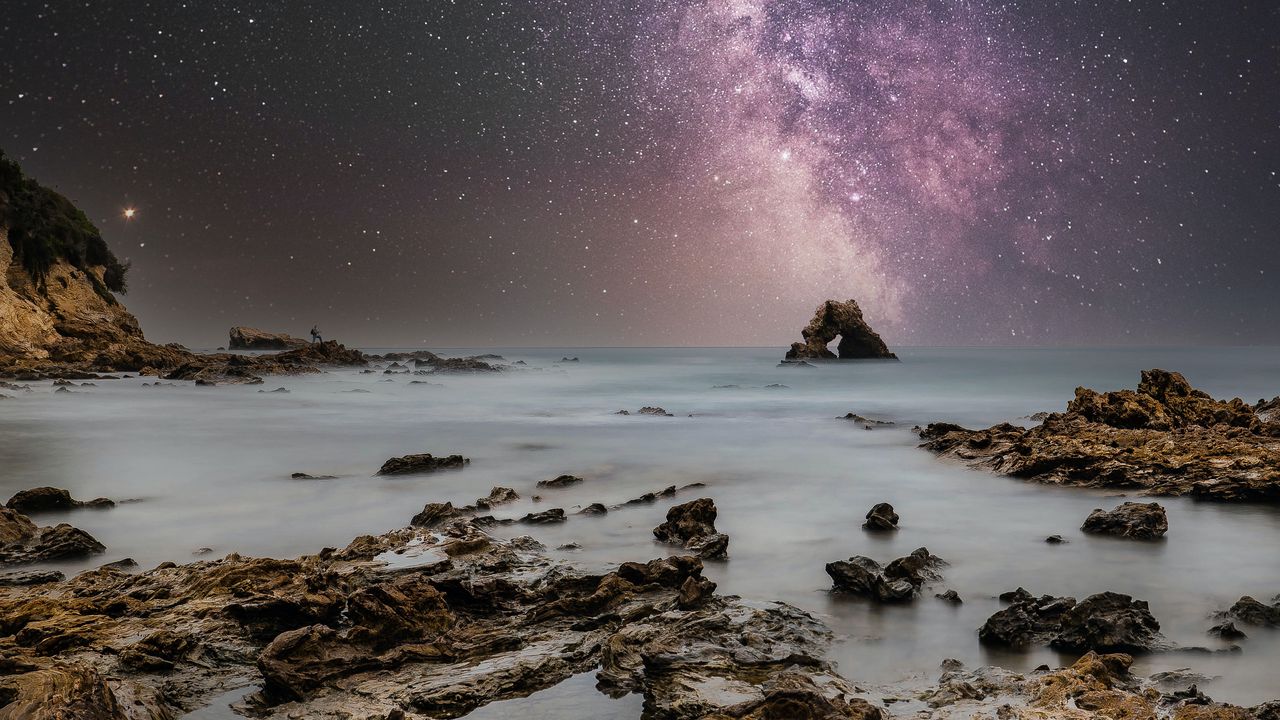 Wallpaper sea, coast, rocks, starry sky, water