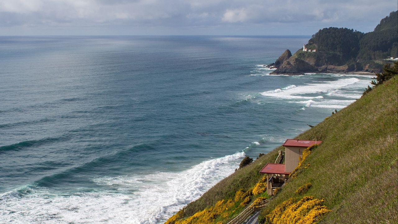 Wallpaper sea, coast, slope, building