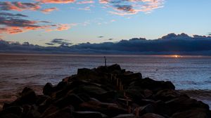 Preview wallpaper sea, coast, stones, sunset, landscape