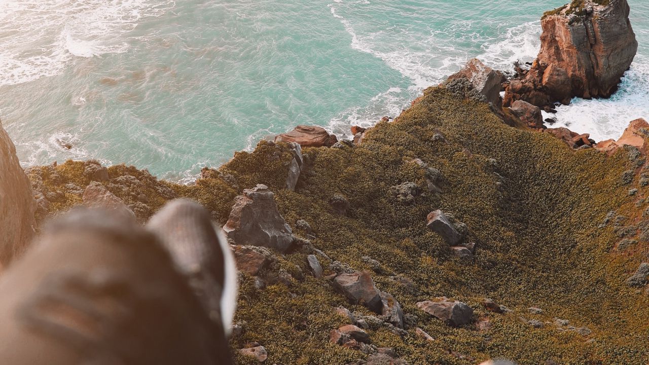 Wallpaper sea, coast, stones, legs, overview