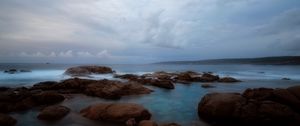 Preview wallpaper sea, coast, stones, water, horizon, nature