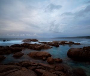 Preview wallpaper sea, coast, stones, water, horizon, nature