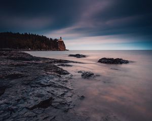 Preview wallpaper sea, coast, sunset, stones, water, fog