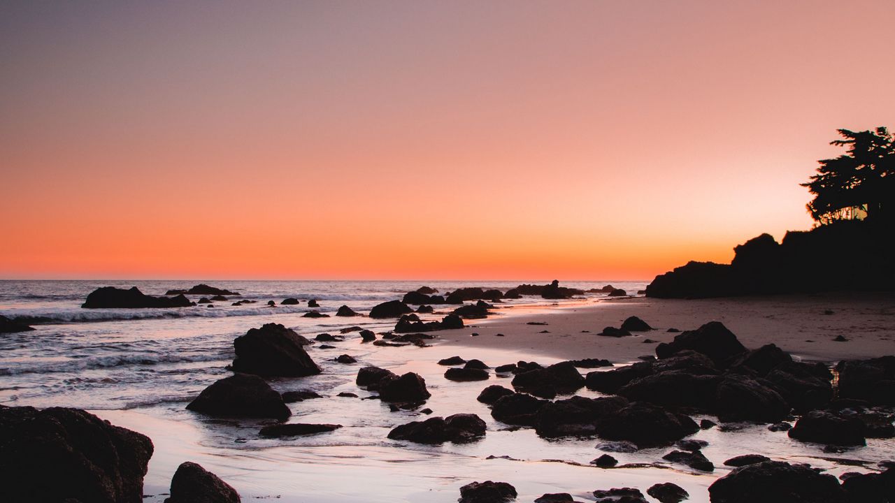 Wallpaper sea, coast, sunset, stones, sand, horizon