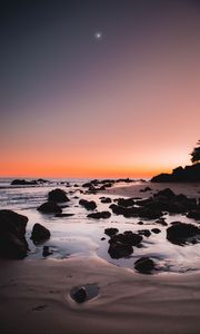 Preview wallpaper sea, coast, sunset, stones, sand, horizon