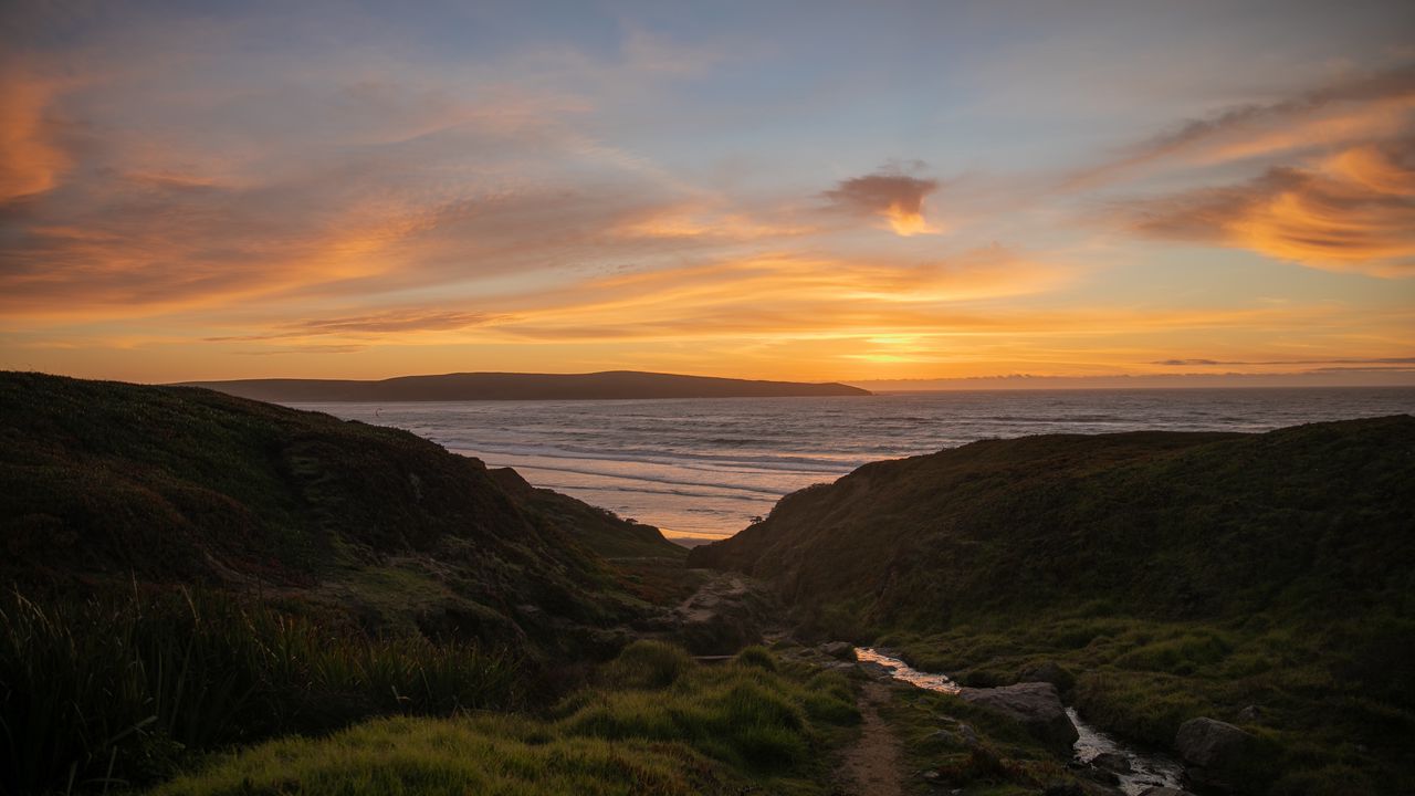 Wallpaper sea, coast, sunset, horizon, grass