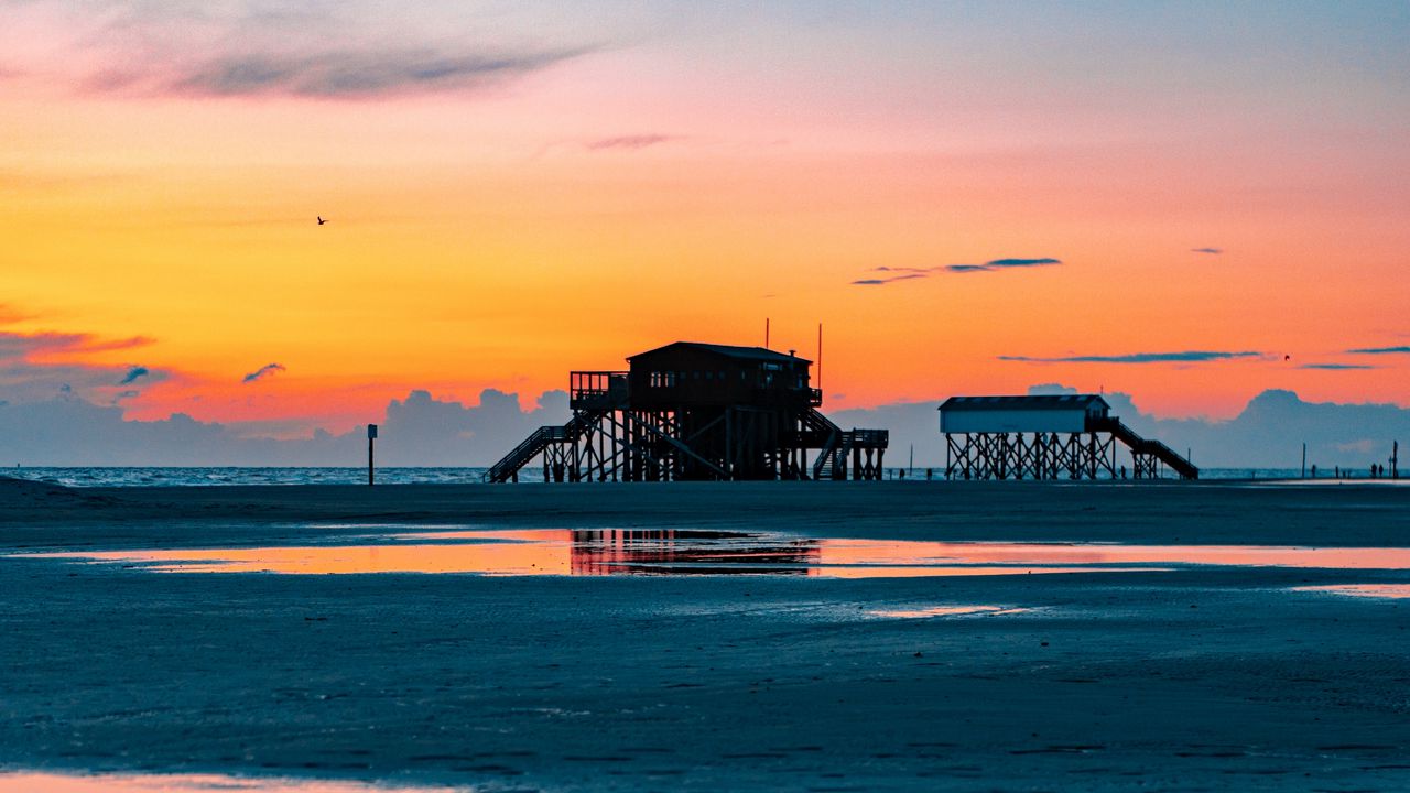 Wallpaper sea, coast, sunset, water, sky, puddle