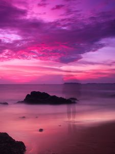 Preview wallpaper sea, coast, twilight, purple, silhouette, shadow