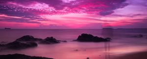 Preview wallpaper sea, coast, twilight, purple, silhouette, shadow