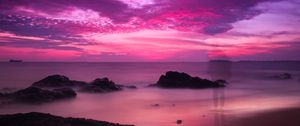 Preview wallpaper sea, coast, twilight, purple, silhouette, shadow